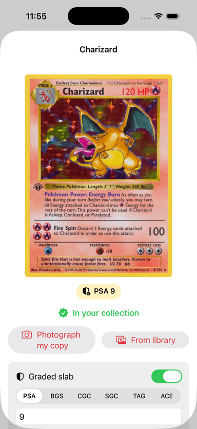 Collectors Book — holographic card detail with PSA grade